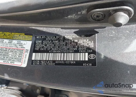 2007 Toyota Camry Xle V6 z USA, uszkodzony, nr VIN 4T1BK46K77U527681